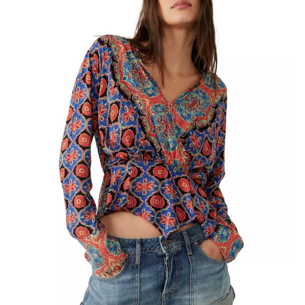 Free People Blue Orange Boho Surplice Peplum Top Size Large Long Sleeve